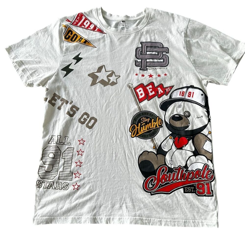 South Pole Men's XL Vintage Graphic‎ Tee White Y2K Bear Design